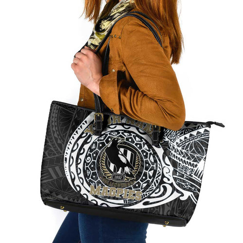 Personalized Collingwood Magpies Polynesian Leather Tote Bag Tribal Chest and Sleeve Tattoo Heritage Warrior