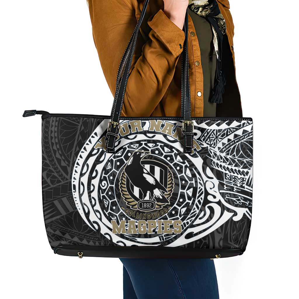 Personalized Collingwood Magpies Polynesian Leather Tote Bag Tribal Chest and Sleeve Tattoo Heritage Warrior