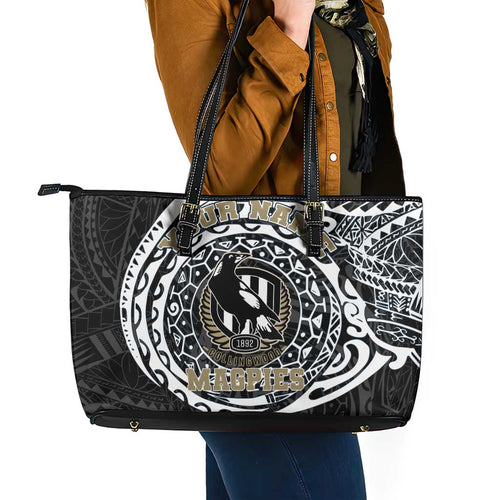 Personalized Collingwood Magpies Polynesian Leather Tote Bag Tribal Chest and Sleeve Tattoo Heritage Warrior