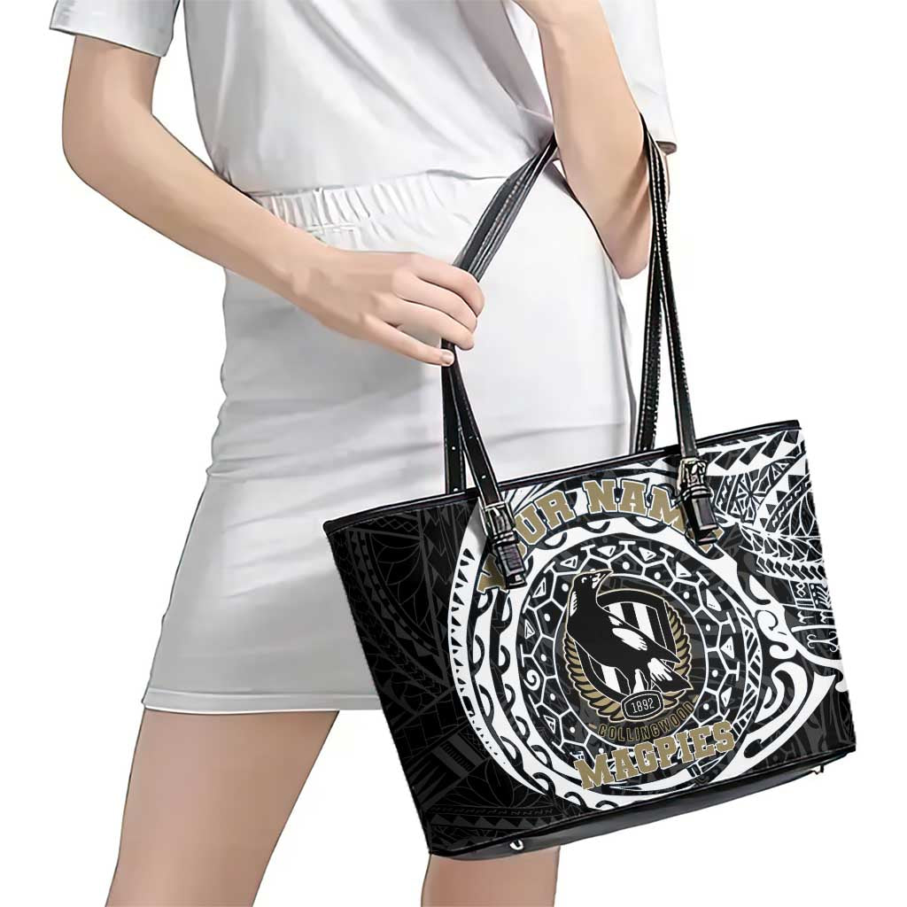 Personalized Collingwood Magpies Polynesian Leather Tote Bag Tribal Chest and Sleeve Tattoo Heritage Warrior