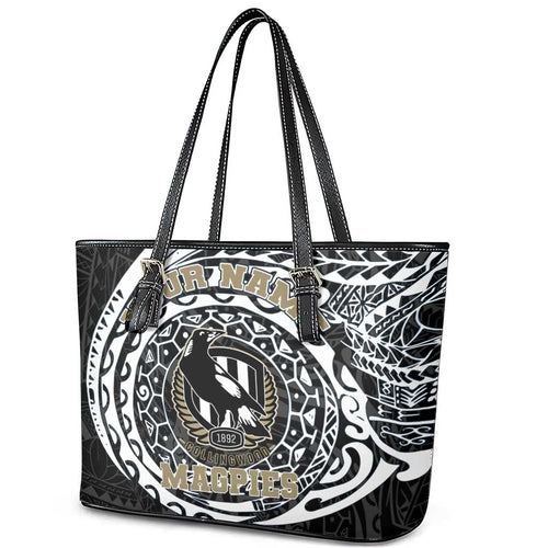 Personalized Collingwood Magpies Polynesian Leather Tote Bag Tribal Chest and Sleeve Tattoo Heritage Warrior