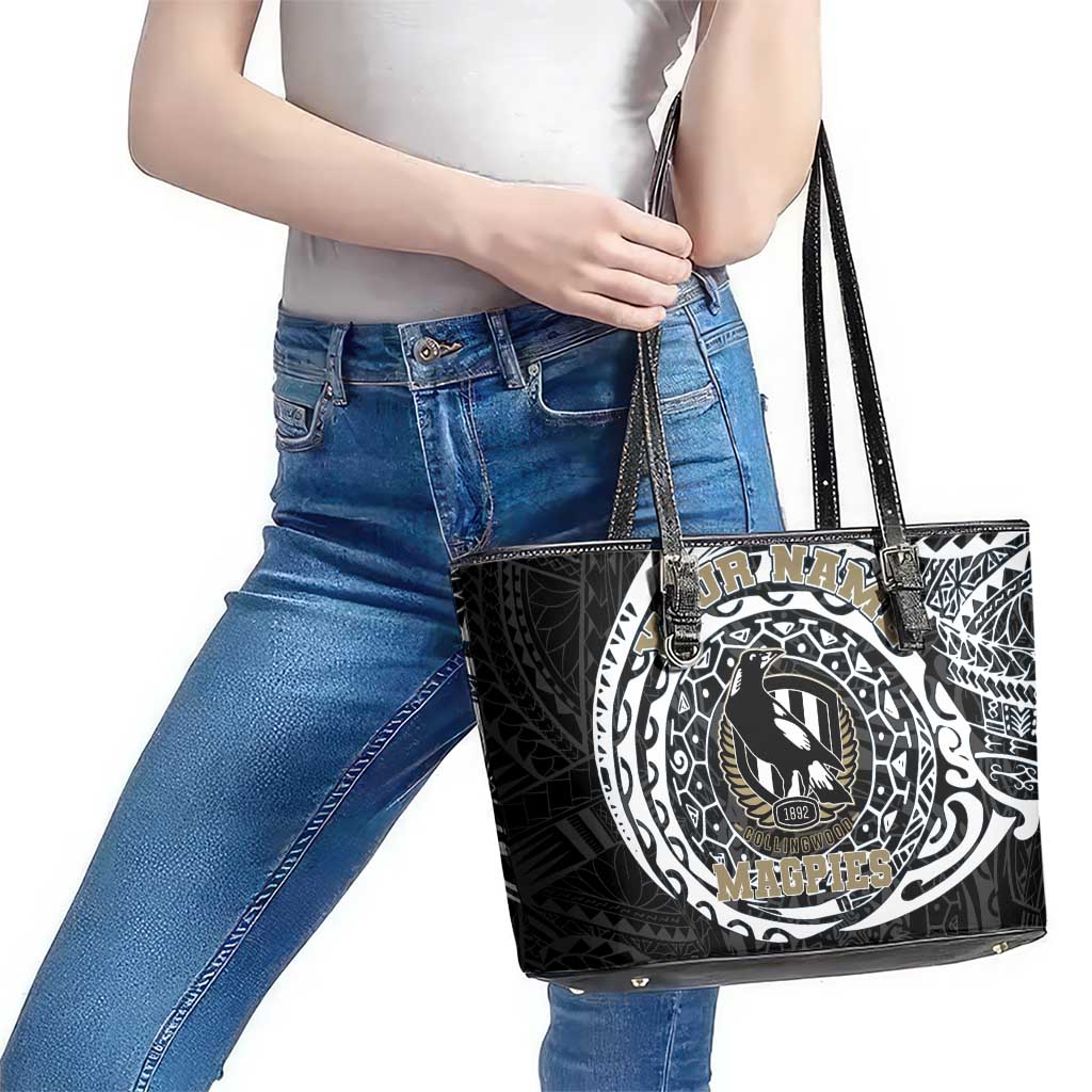 Personalized Collingwood Magpies Polynesian Leather Tote Bag Tribal Chest and Sleeve Tattoo Heritage Warrior