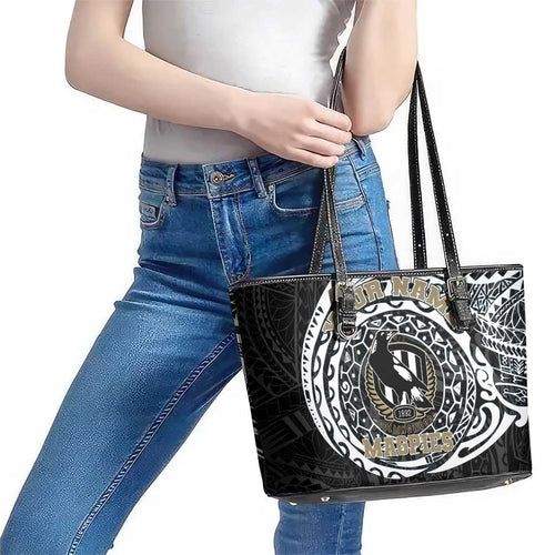 Personalized Collingwood Magpies Polynesian Leather Tote Bag Tribal Chest and Sleeve Tattoo Heritage Warrior