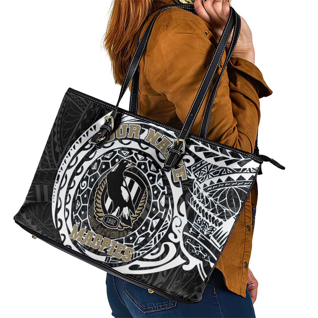 Personalized Collingwood Magpies Polynesian Leather Tote Bag Tribal Chest and Sleeve Tattoo Heritage Warrior