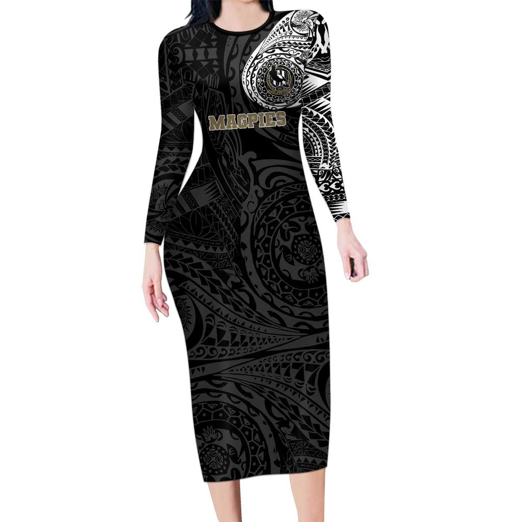 Personalized Collingwood Magpies Polynesian Long Sleeve Bodycon Dress Tribal Chest and Sleeve Tattoo Heritage Warrior