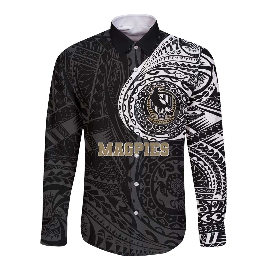 Personalized Collingwood Magpies Polynesian Long Sleeve Button Shirt Tribal Chest and Sleeve Tattoo Heritage Warrior