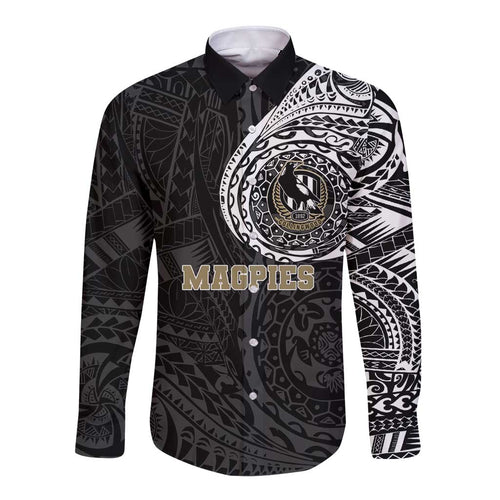 Personalized Collingwood Magpies Polynesian Long Sleeve Button Shirt Tribal Chest and Sleeve Tattoo Heritage Warrior