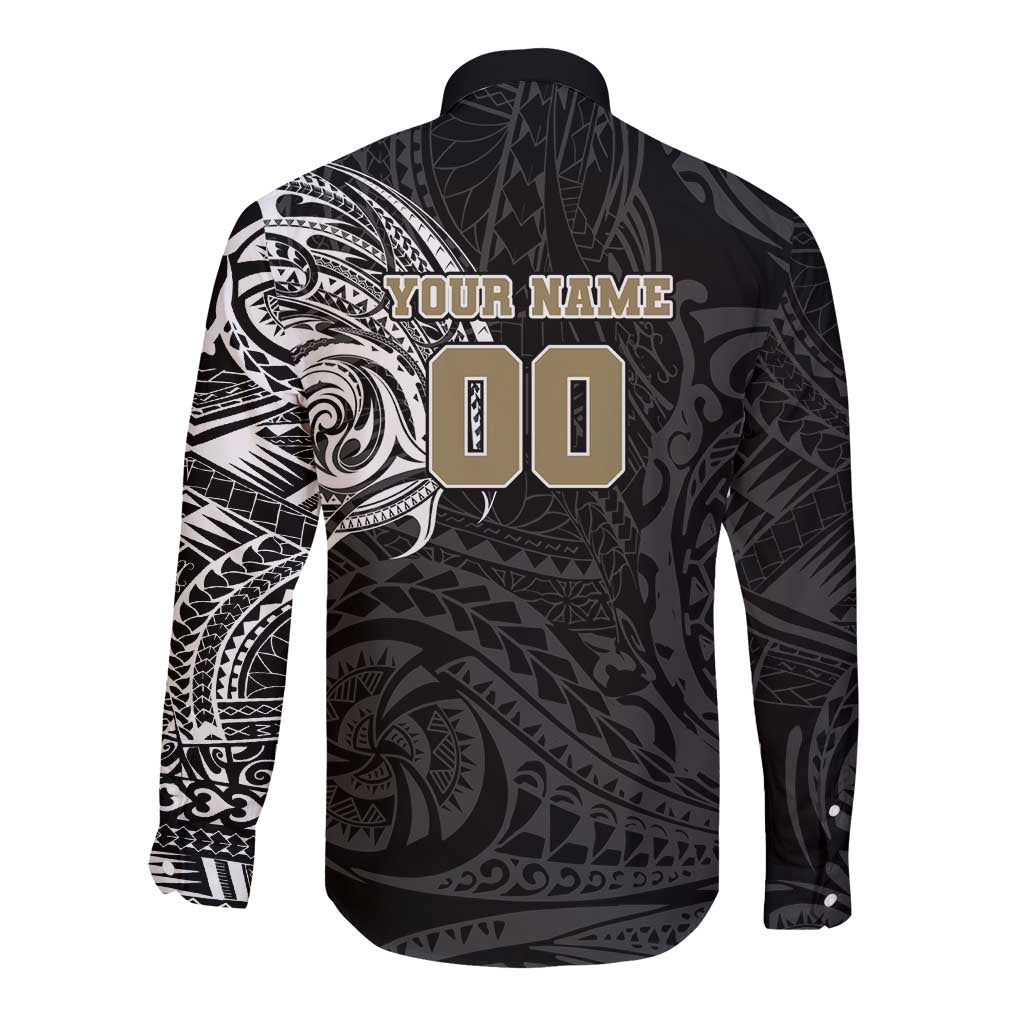 Personalized Collingwood Magpies Polynesian Long Sleeve Button Shirt Tribal Chest and Sleeve Tattoo Heritage Warrior