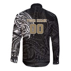 Personalized Collingwood Magpies Polynesian Long Sleeve Button Shirt Tribal Chest and Sleeve Tattoo Heritage Warrior