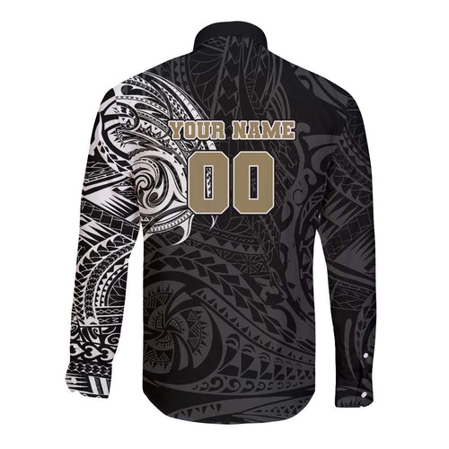 Personalized Collingwood Magpies Polynesian Long Sleeve Button Shirt Tribal Chest and Sleeve Tattoo Heritage Warrior