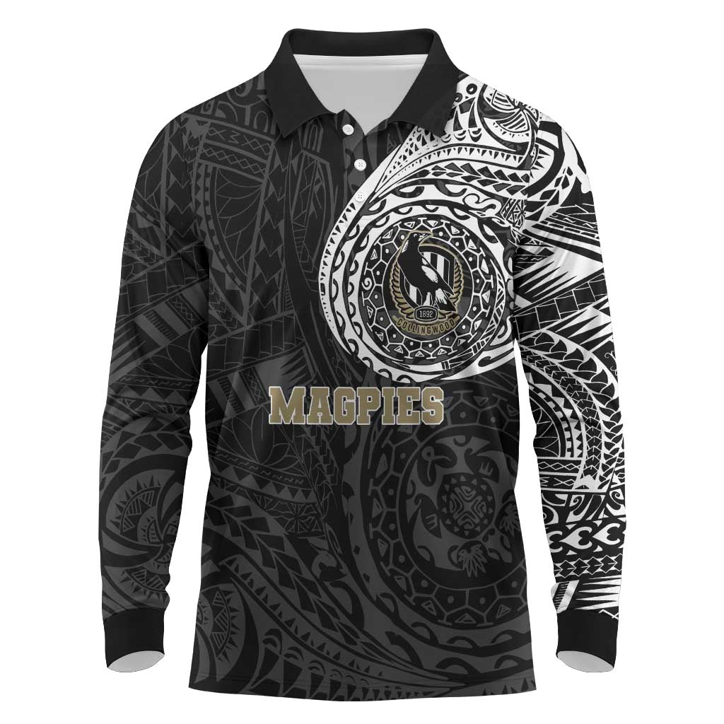 Personalized Collingwood Magpies Polynesian Long Sleeve Polo Shirt Tribal Chest and Sleeve Tattoo Heritage Warrior