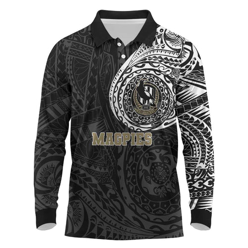 Personalized Collingwood Magpies Polynesian Long Sleeve Polo Shirt Tribal Chest and Sleeve Tattoo Heritage Warrior