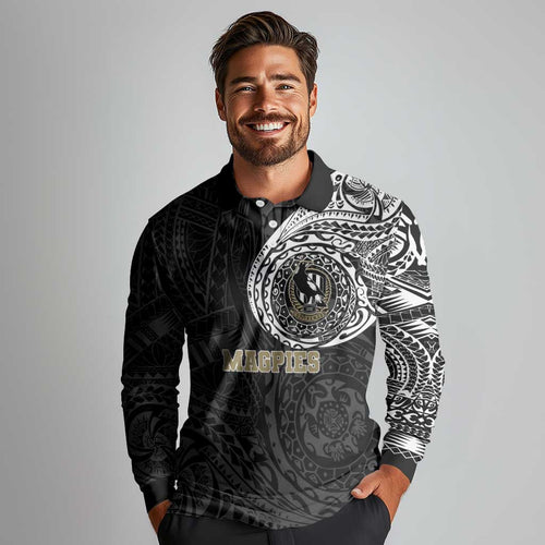 Personalized Collingwood Magpies Polynesian Long Sleeve Polo Shirt Tribal Chest and Sleeve Tattoo Heritage Warrior
