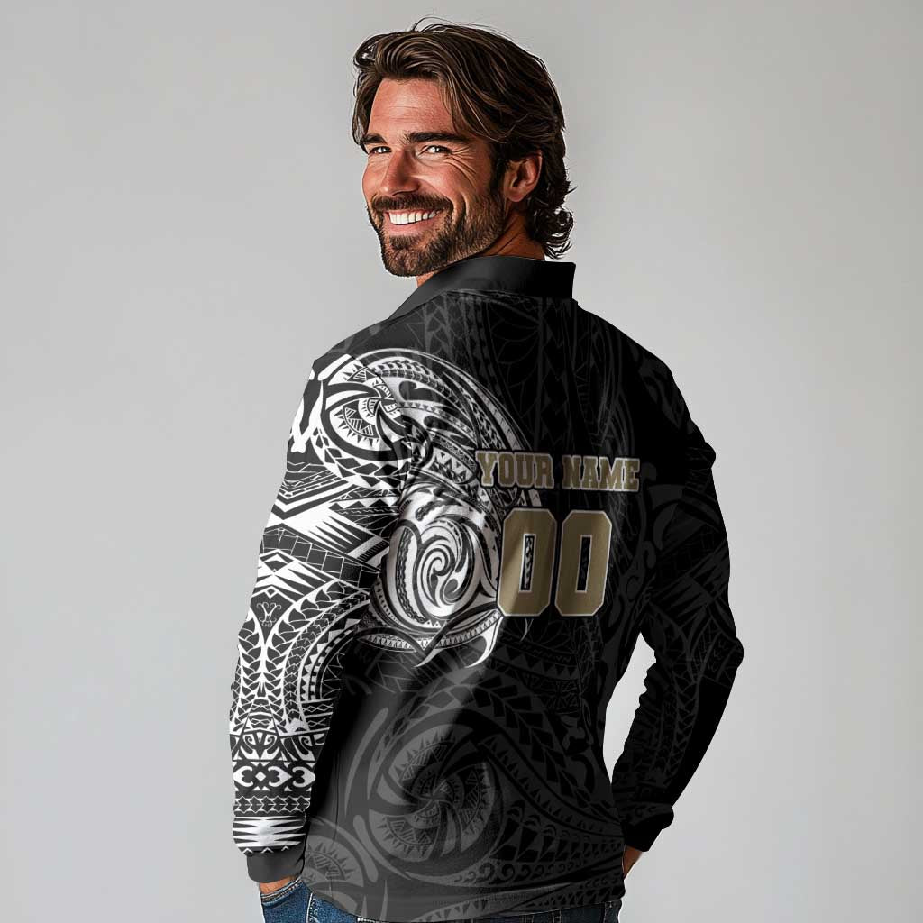 Personalized Collingwood Magpies Polynesian Long Sleeve Polo Shirt Tribal Chest and Sleeve Tattoo Heritage Warrior