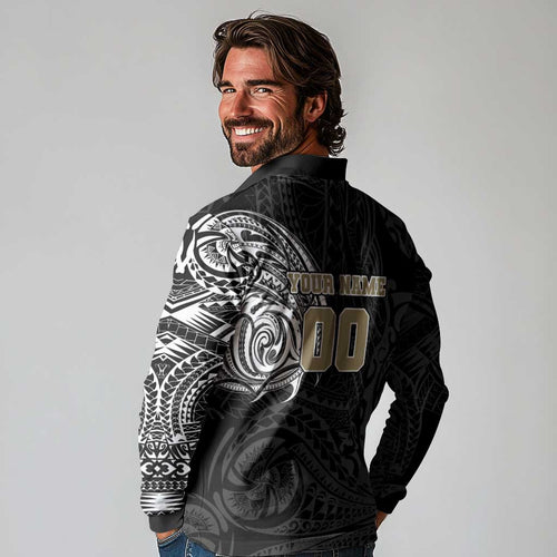 Personalized Collingwood Magpies Polynesian Long Sleeve Polo Shirt Tribal Chest and Sleeve Tattoo Heritage Warrior