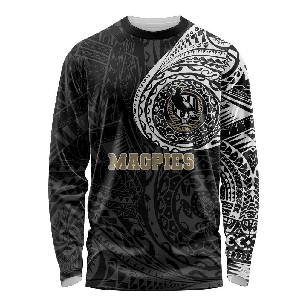 Personalized Collingwood Magpies Polynesian Long Sleeve Shirt Tribal Chest and Sleeve Tattoo Heritage Warrior