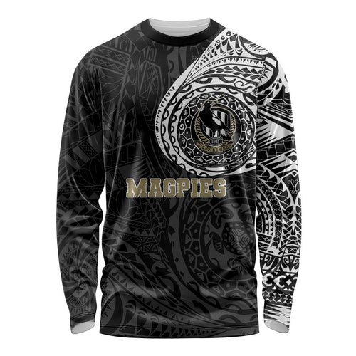 Personalized Collingwood Magpies Polynesian Long Sleeve Shirt Tribal Chest and Sleeve Tattoo Heritage Warrior