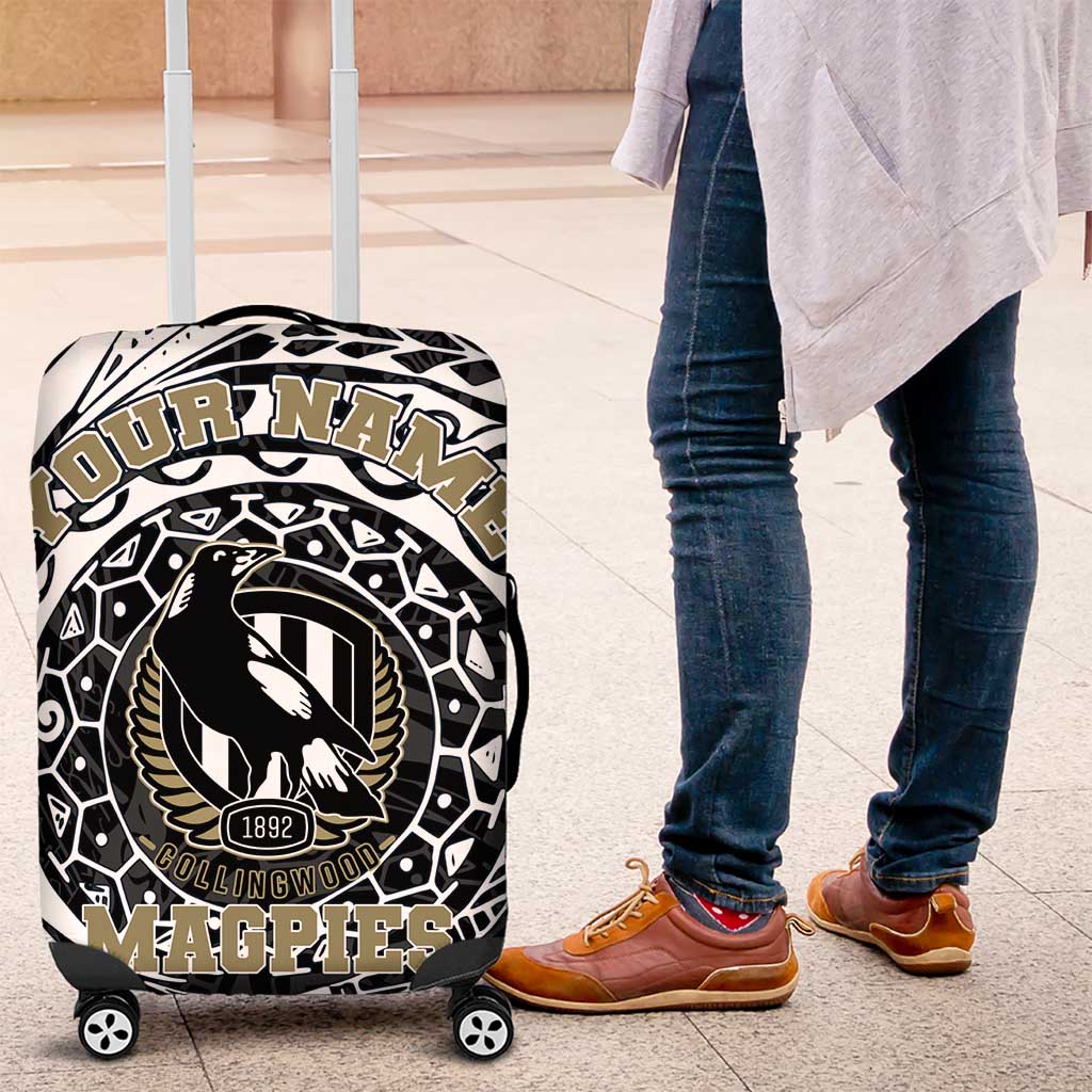 Personalized Collingwood Magpies Polynesian Luggage Cover Tribal Chest and Sleeve Tattoo Heritage Warrior