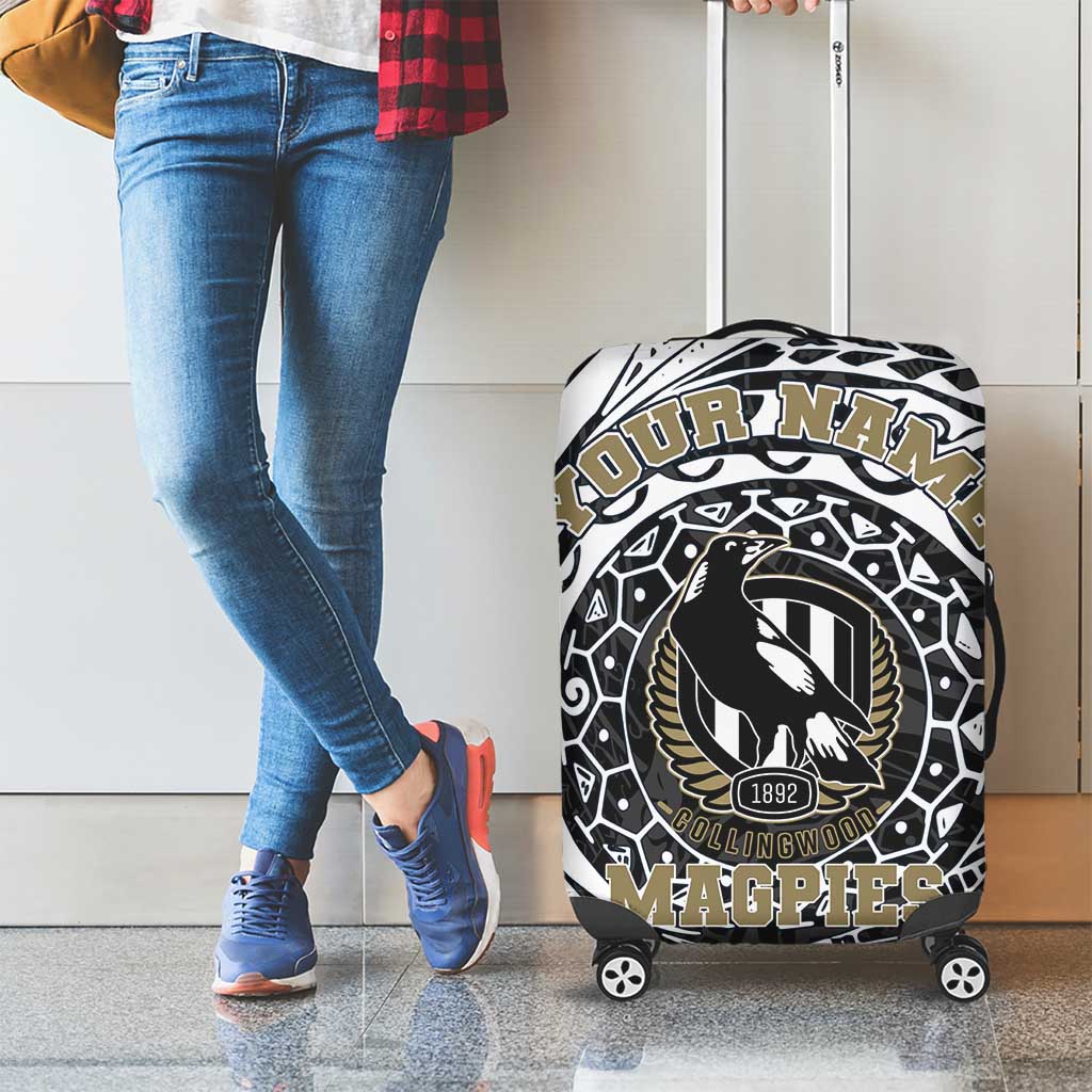 Personalized Collingwood Magpies Polynesian Luggage Cover Tribal Chest and Sleeve Tattoo Heritage Warrior