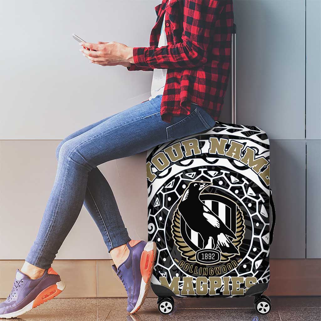 Personalized Collingwood Magpies Polynesian Luggage Cover Tribal Chest and Sleeve Tattoo Heritage Warrior