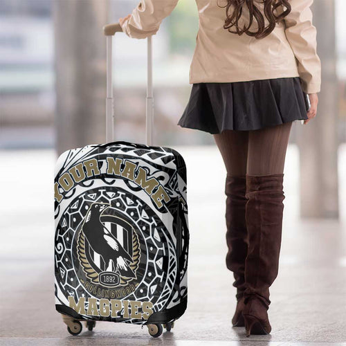 Personalized Collingwood Magpies Polynesian Luggage Cover Tribal Chest and Sleeve Tattoo Heritage Warrior