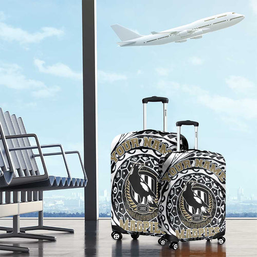 Personalized Collingwood Magpies Polynesian Luggage Cover Tribal Chest and Sleeve Tattoo Heritage Warrior