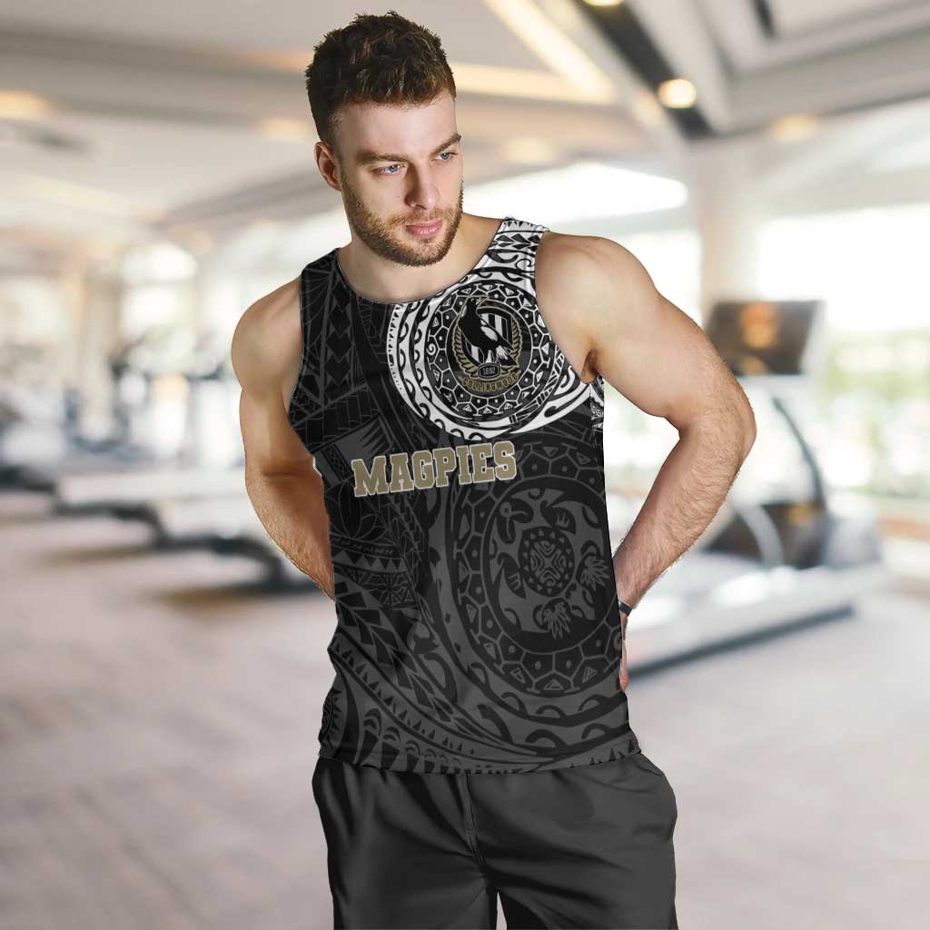 Personalized Collingwood Magpies Polynesian Men Tank Top Tribal Chest and Sleeve Tattoo Heritage Warrior