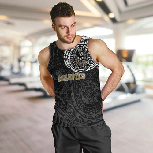 Personalized Collingwood Magpies Polynesian Men Tank Top Tribal Chest and Sleeve Tattoo Heritage Warrior