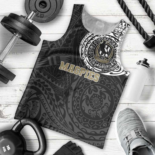 Personalized Collingwood Magpies Polynesian Men Tank Top Tribal Chest and Sleeve Tattoo Heritage Warrior