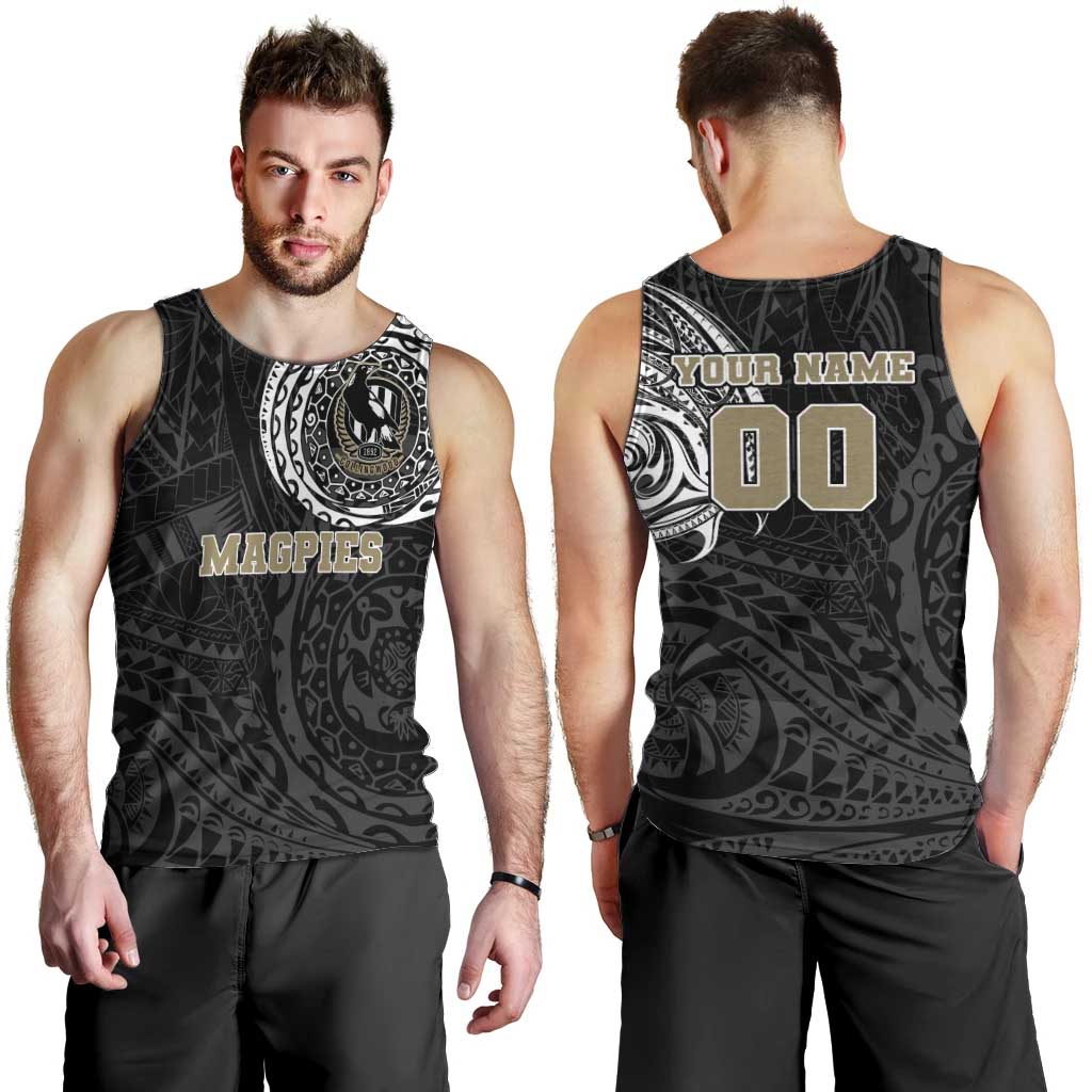 Personalized Collingwood Magpies Polynesian Men Tank Top Tribal Chest and Sleeve Tattoo Heritage Warrior