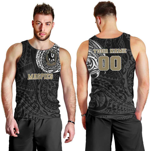 Personalized Collingwood Magpies Polynesian Men Tank Top Tribal Chest and Sleeve Tattoo Heritage Warrior