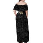 Personalized Collingwood Magpies Polynesian Off Shoulder Maxi Dress Tribal Chest and Sleeve Tattoo Heritage Warrior