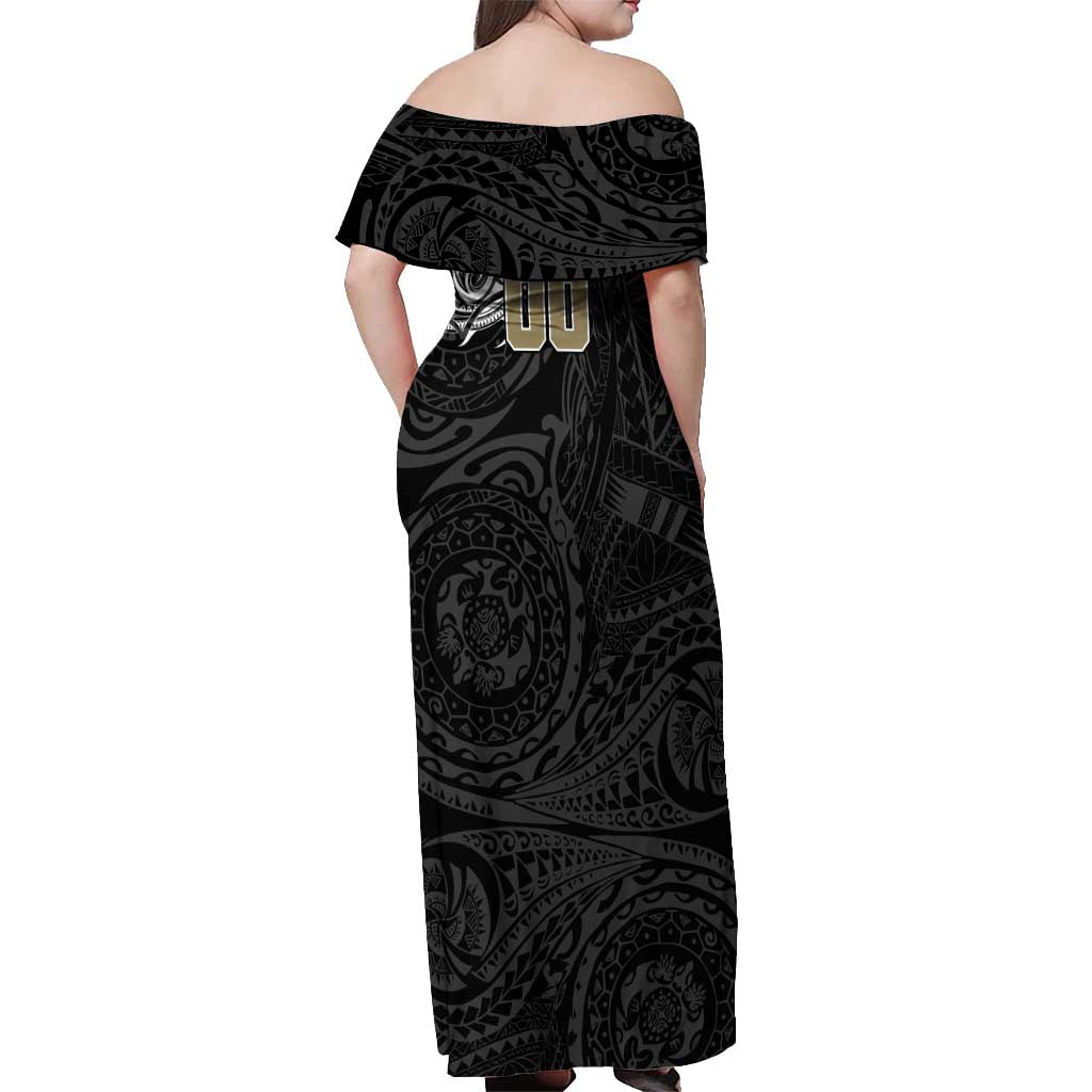 Personalized Collingwood Magpies Polynesian Off Shoulder Maxi Dress Tribal Chest and Sleeve Tattoo Heritage Warrior