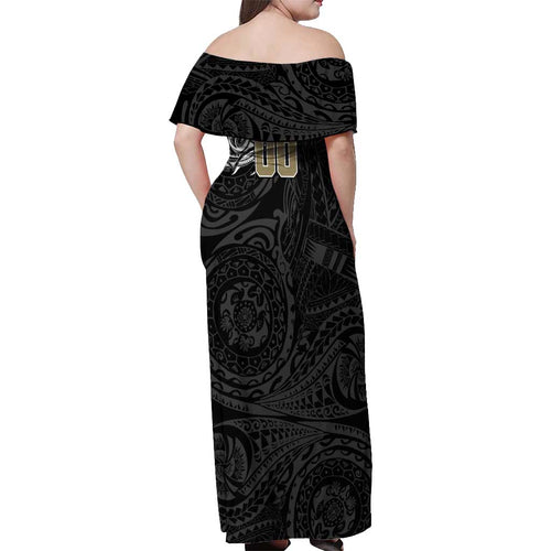 Personalized Collingwood Magpies Polynesian Off Shoulder Maxi Dress Tribal Chest and Sleeve Tattoo Heritage Warrior