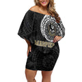 Personalized Collingwood Magpies Polynesian Off Shoulder Short Dress Tribal Chest and Sleeve Tattoo Heritage Warrior