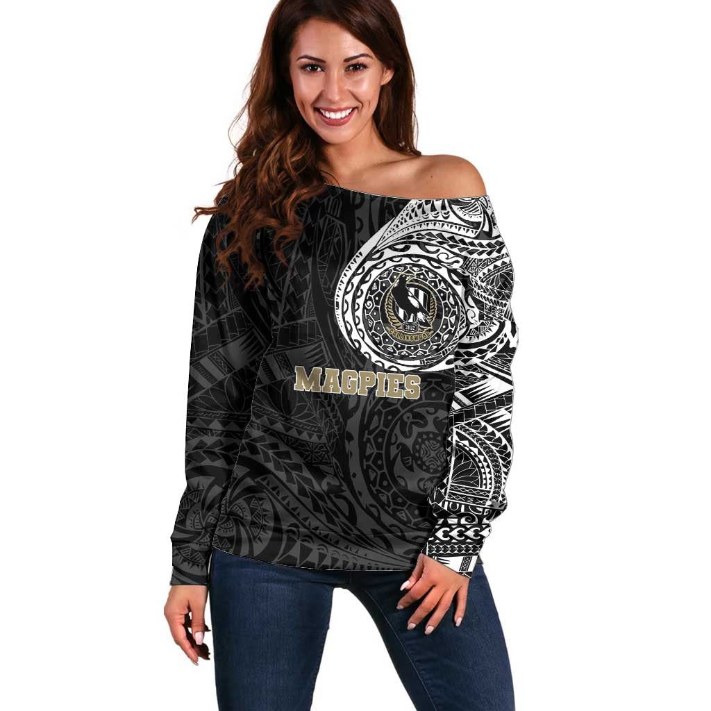 Personalized Collingwood Magpies Polynesian Off Shoulder Sweater Tribal Chest and Sleeve Tattoo Heritage Warrior