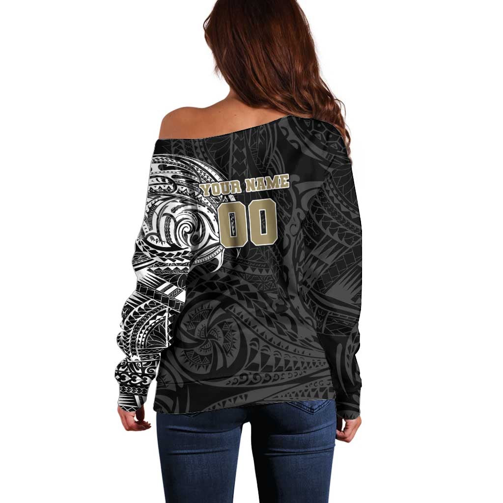 Personalized Collingwood Magpies Polynesian Off Shoulder Sweater Tribal Chest and Sleeve Tattoo Heritage Warrior