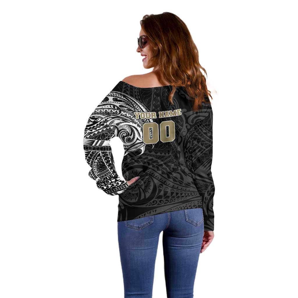 Personalized Collingwood Magpies Polynesian Off Shoulder Sweater Tribal Chest and Sleeve Tattoo Heritage Warrior