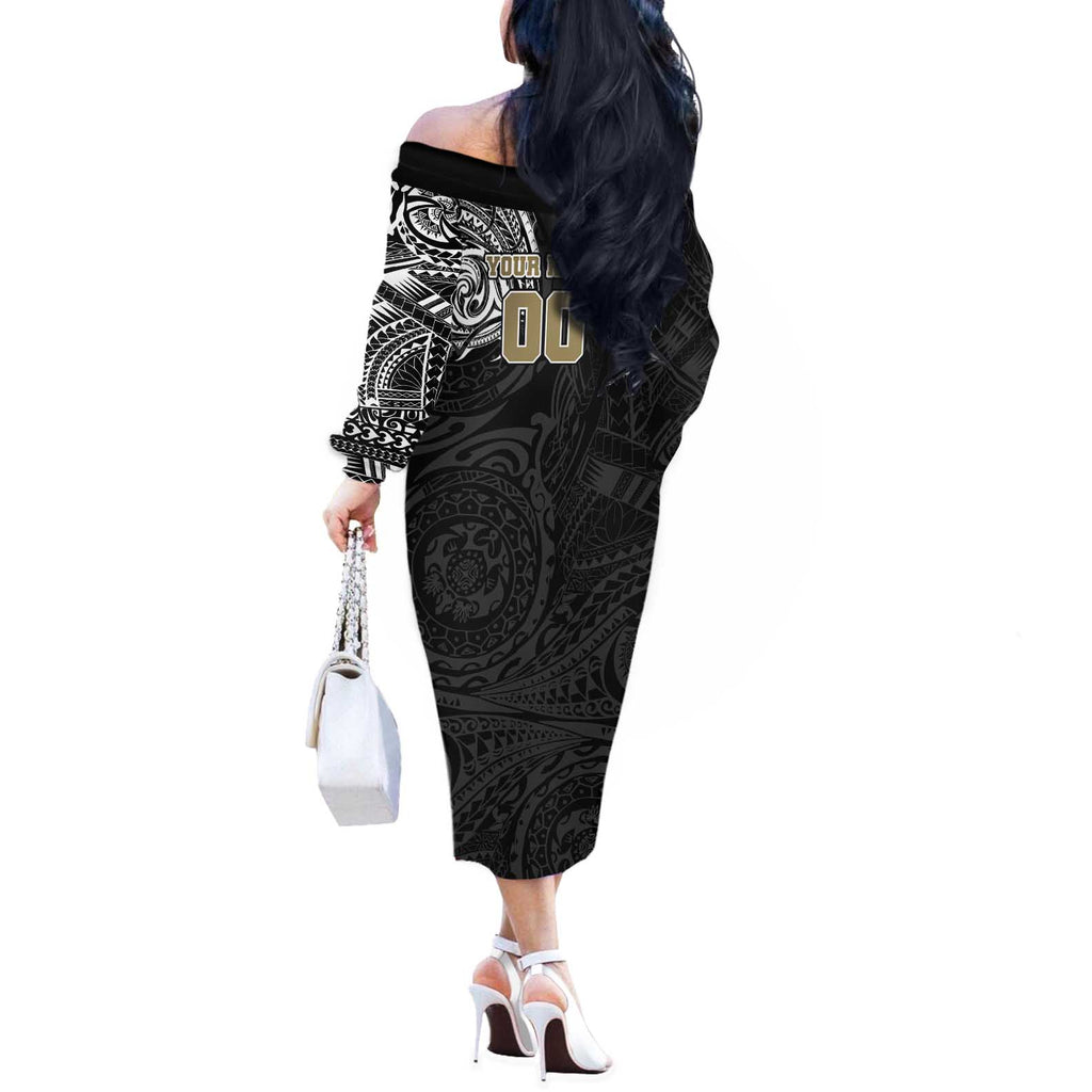 Personalized Collingwood Magpies Polynesian Off The Shoulder Long Sleeve Dress Tribal Chest and Sleeve Tattoo Heritage Warrior