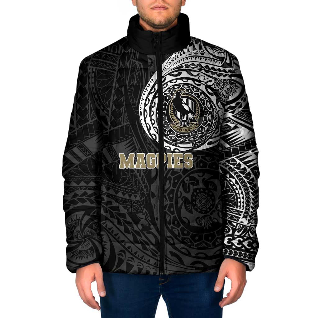Personalized Collingwood Magpies Polynesian Padded Jacket Tribal Chest and Sleeve Tattoo Heritage Warrior