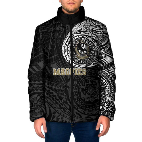 Personalized Collingwood Magpies Polynesian Padded Jacket Tribal Chest and Sleeve Tattoo Heritage Warrior