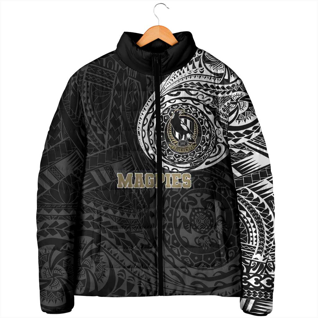Personalized Collingwood Magpies Polynesian Padded Jacket Tribal Chest and Sleeve Tattoo Heritage Warrior