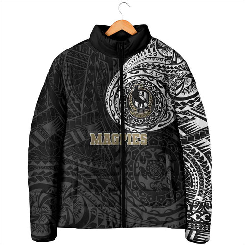 Personalized Collingwood Magpies Polynesian Padded Jacket Tribal Chest and Sleeve Tattoo Heritage Warrior
