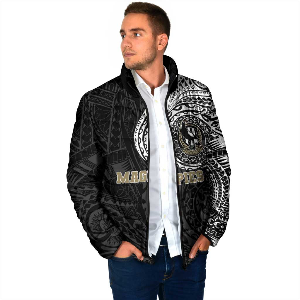 Personalized Collingwood Magpies Polynesian Padded Jacket Tribal Chest and Sleeve Tattoo Heritage Warrior