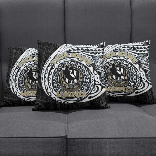 Personalized Collingwood Magpies Polynesian Pillow Cover Tribal Chest and Sleeve Tattoo Heritage Warrior