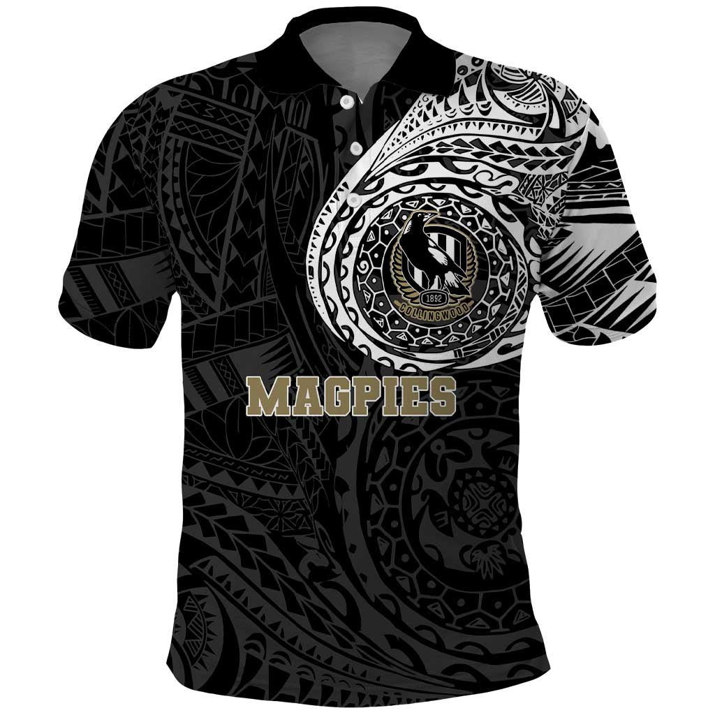 Personalized Collingwood Magpies Polynesian Polo Shirt Tribal Chest and Sleeve Tattoo Heritage Warrior