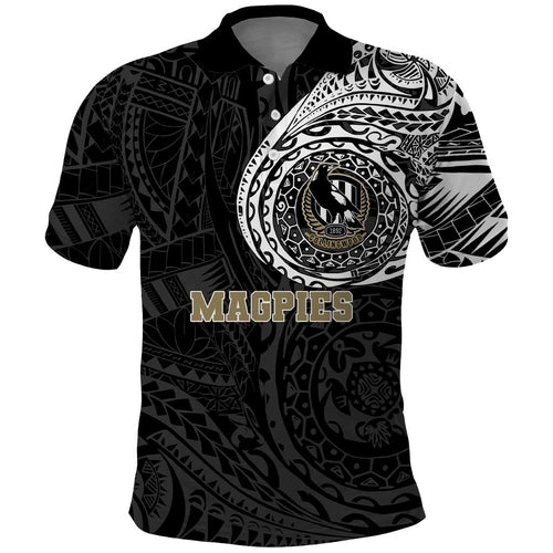 Personalized Collingwood Magpies Polynesian Polo Shirt Tribal Chest and Sleeve Tattoo Heritage Warrior