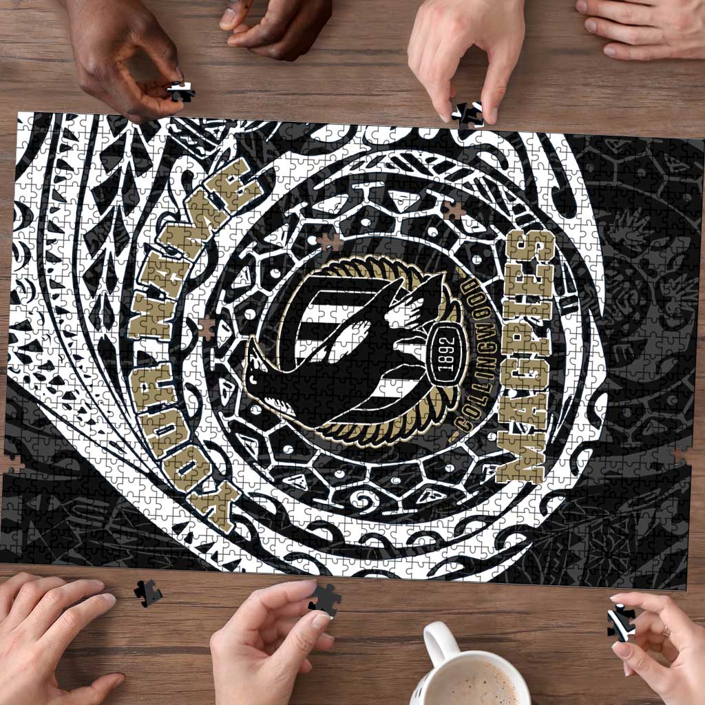 Personalized Collingwood Magpies Polynesian Puzzle Tribal Chest and Sleeve Tattoo Heritage Warrior