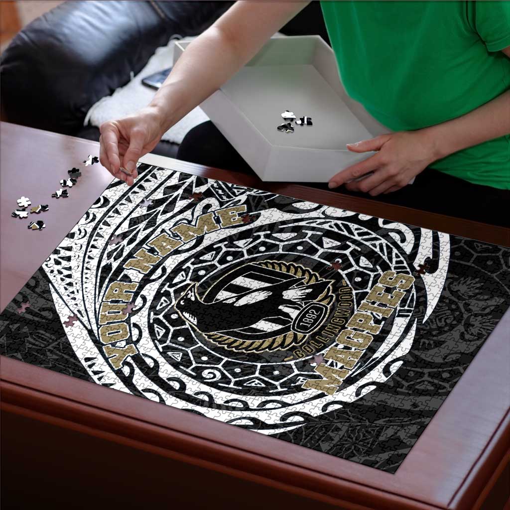 Personalized Collingwood Magpies Polynesian Puzzle Tribal Chest and Sleeve Tattoo Heritage Warrior