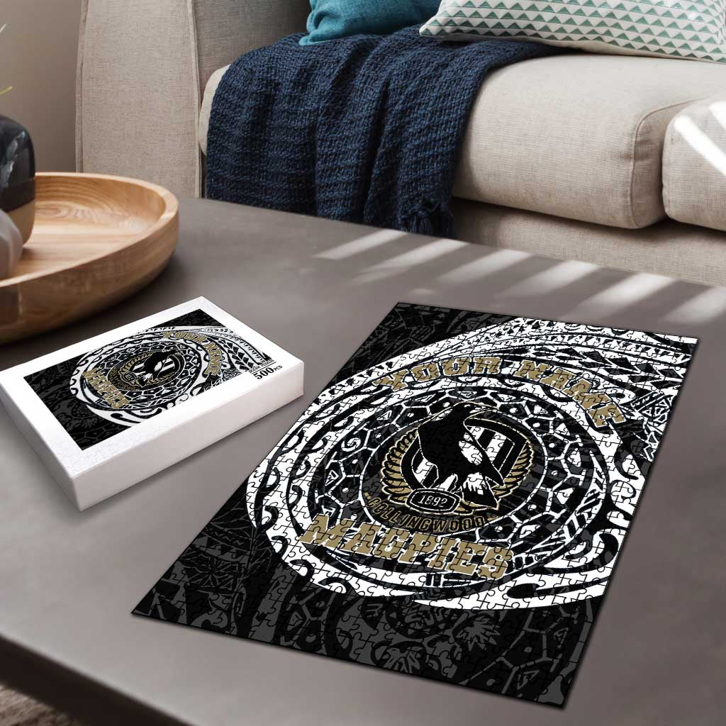 Personalized Collingwood Magpies Polynesian Puzzle Tribal Chest and Sleeve Tattoo Heritage Warrior